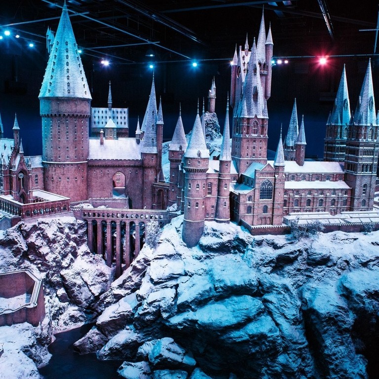 Hogwarts castle model covered with fake snow