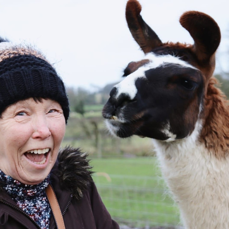 A woman posing with an alpaca at Middle England Farm