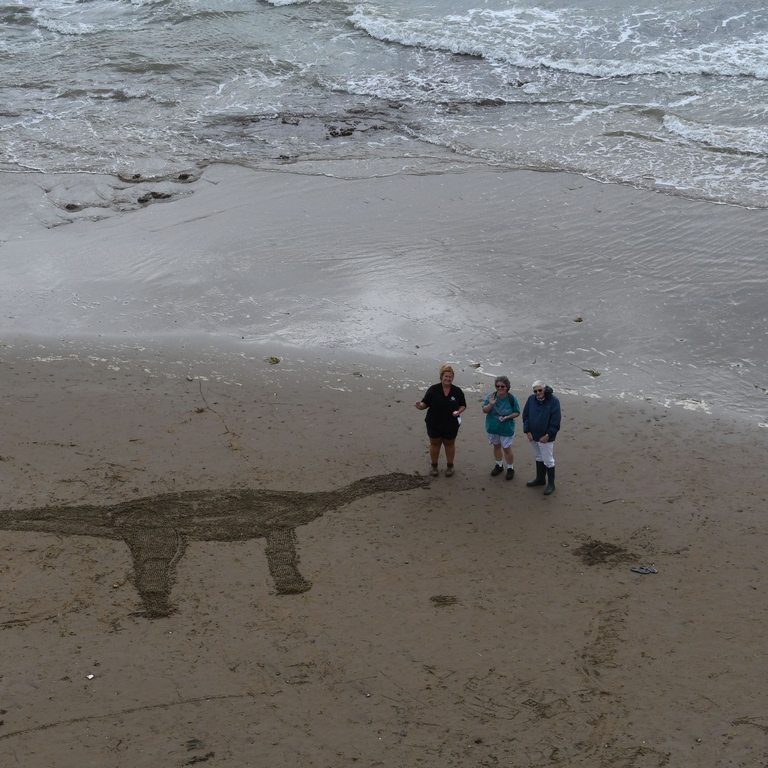 People on a beach with a dinosaur carved into the sand