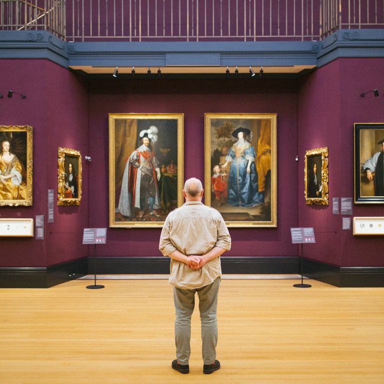 Rear view of man standing looking at portraits in a gallery