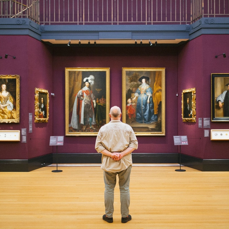 Rear view of man standing looking at portraits in a gallery