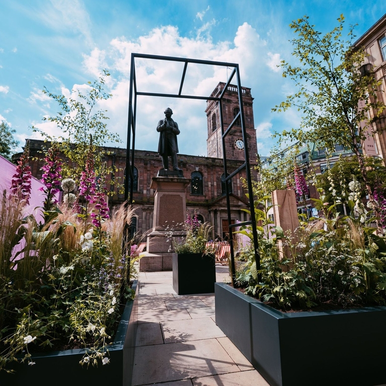Flower displays set up in Manchester's city centre for the Manchester Flower Festival