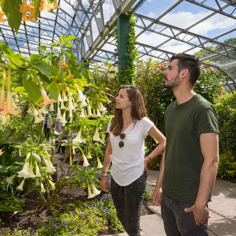 A couple admiring flowers in a botanical garden.