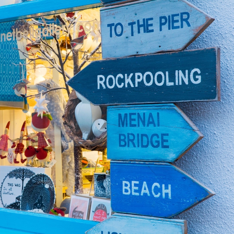 A shop window and a number of wooden signs.