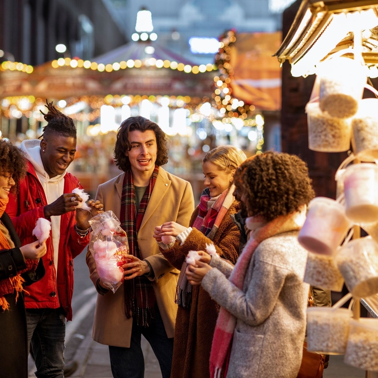 Group of young friends sharing a bag of cotton candy at the Christmas market