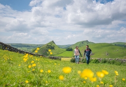 A man and a woman walk in open countryside