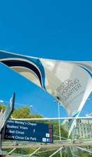 A flag on display above the Bristol Shopping Quarter