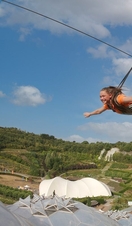 Deux amis faisant de la tyrolienne.
