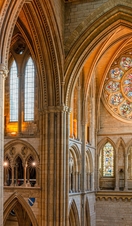 An interior view of the stained glass window of Truro Cathedral in Cornwall