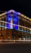 St. George's Hall, Bradford, lit up at night.