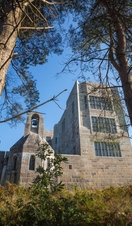 Exterior of Castle Drogo, looking up through the fir trees