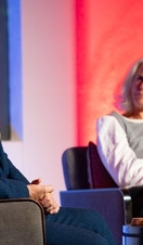 Hugh Bonneville on stage at Stratford Literary Festival in 2022