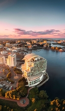 A top down view of voco St David's Hotel in Cardiff, Wales