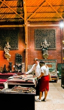 Two people looking at exhibits in the South Asia Collection in Norwich