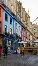 The Grassmarket in Edinburgh, an old historic part of town with shops and places to buy gifts and souvenirs.