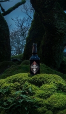 A bottle of alcohol posed in front of some trees at night at Mantle Brewery