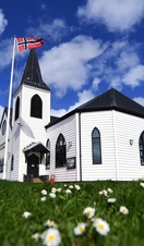 Exterior view of the Norwegian Church Arts Centre in Cardiff, Wales