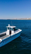 A lure boat off the coast of Brighton, decorated with the logo of Brighton Lure Boat