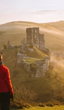 Man leaning on gatepost, looking out to views of castle