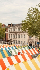 An overhead view of market stalls at Norwich Market