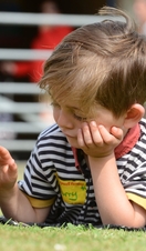 A child petting a pig at Pennywell Farm near Plymouth, Devon
