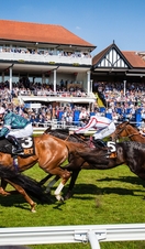 Horses racing past the grandstand at Chester Racecourse