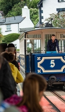 A line of people at a station queuing for a blue tram.