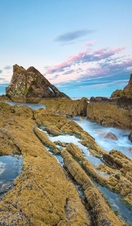 A distinctive rock formation stretching out across the coast. 