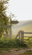 Signpost and gate along a walking trail ambling through the countryside