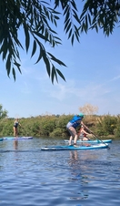A group of people paddleboarding down the river Avon near Stratford-upon-Avon