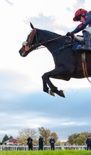 A horse and rider leaping over a fence at Wetherby Racecourse