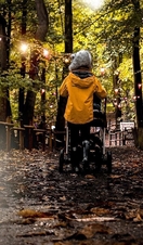 Person in raincoat pushing buggy along trail in woodland