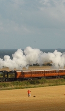 A steam train passing through fields in the Broads National Park