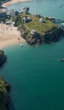 Traditional seaside town with sandy beaches. Aerial view