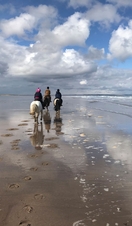 Three people riding ponies along the beach