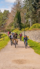 A family with three boys cycles along a canal towpath.