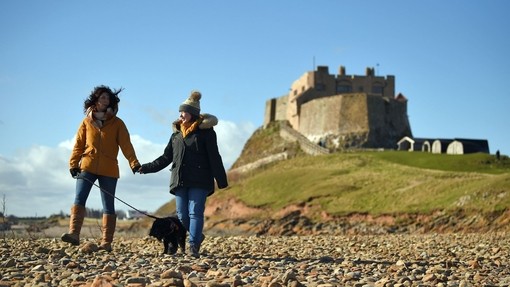 Besucher, die mit ihrem Hund in Lindisfarne Castle, Northumberland, spazieren gehen