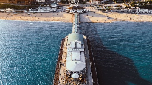 An aerial shot of Bournemouth pier and beach.
