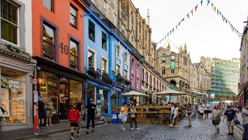 The Grassmarket in Edinburgh, an old historic part of town with shops and places to buy gifts and souvenirs.