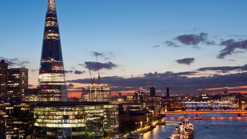 Night view of London from height. Glittering landscape