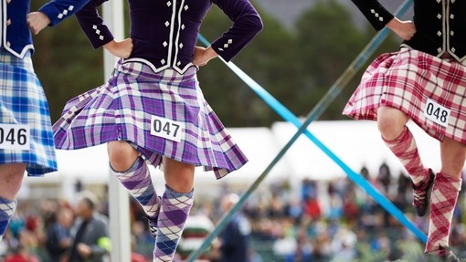Three kilted girls Scottish dancing on stage