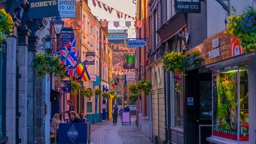 A view down a shopping street in Exeter's Castle Quarter