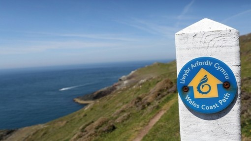 Chemin côtier du Pays de Galles montrant des falaises et un poteau de signalisation