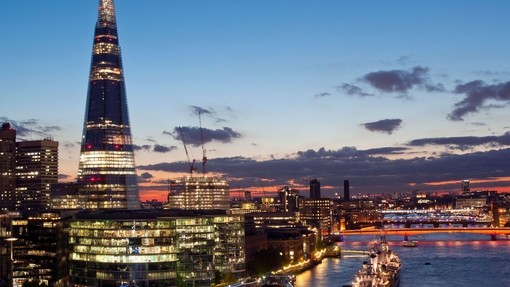 Night view of London from height. Glittering landscape