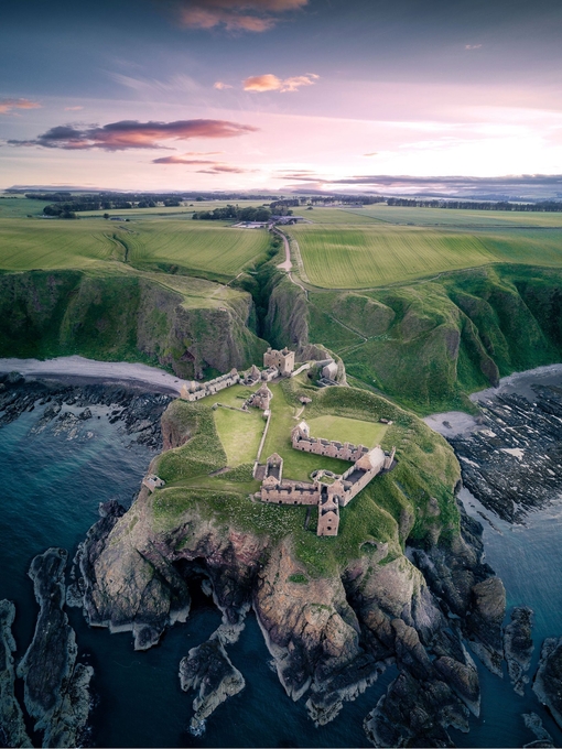 Aerial view of Dunnottar Castle looking inland from the sea