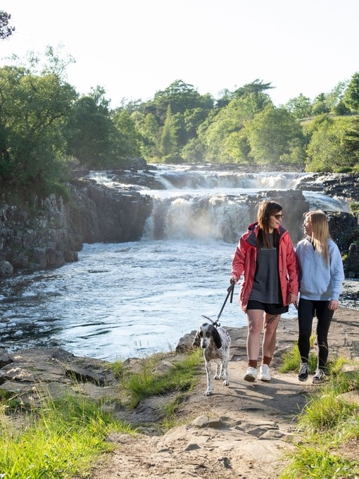 Two women and a dog walk a path beside a waterfall