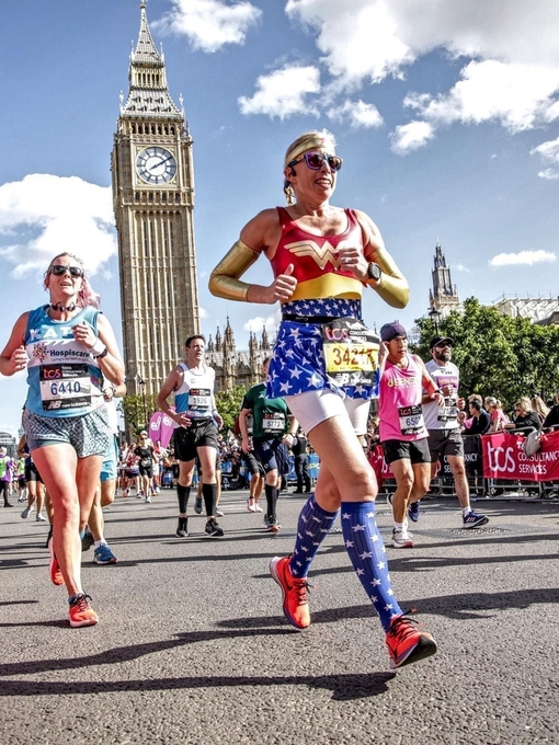 Runner wearing Wonder Woman outfit at the London Marathon