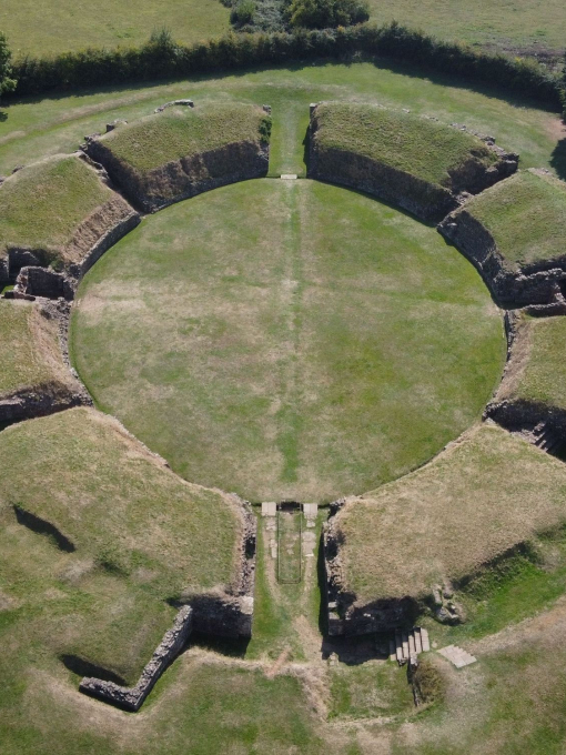 Aerial view of an ancient Roman ampitheatre.
