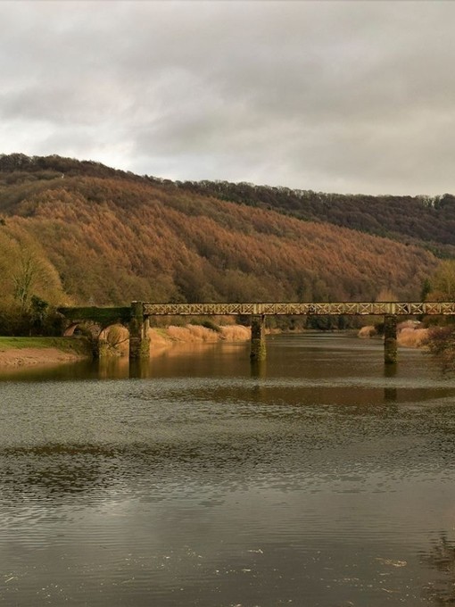 A stone and rusted metal bridge across a wide river in the countryside in autumn.