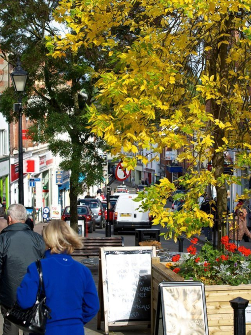 People walking down a hilly shopping street in a small town.